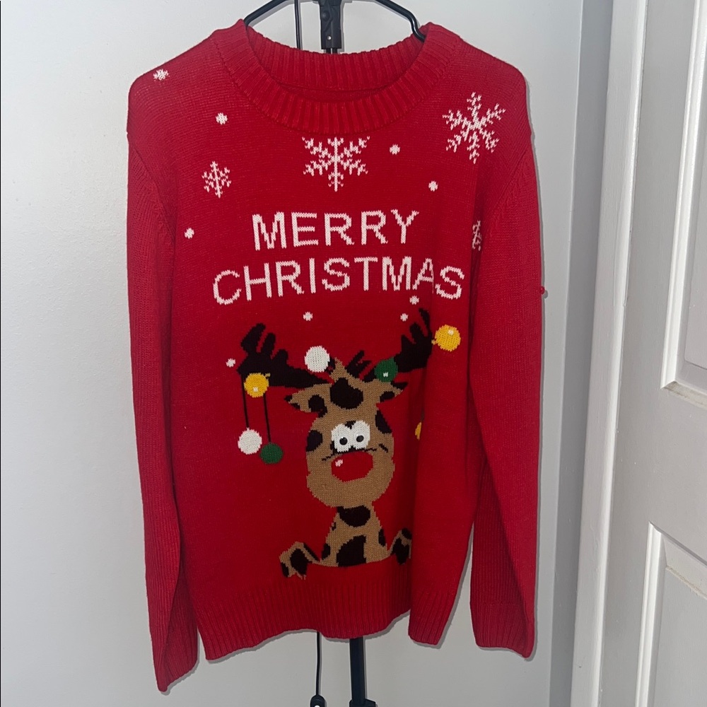Red Christmas Sweater with Reindeer Design